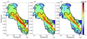 These maps show radiation dose rates in the Fukushima evacuation zone and former evacuation zone over time. At left is data from 2014, at middle is data from 2015, and at right is data from 2016. There is a visible reduction in the areas with higher dose concentrations from 2014 to 2016 – higher concentrations show as red and yellow. (Credit: Journal of Environmental Radioactivity, Volume 210, December 2019)